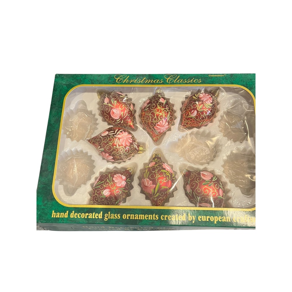 Commodore Christmas Classics Glass Ornaments Red Gold Pink Floral Set of 7 Boxed